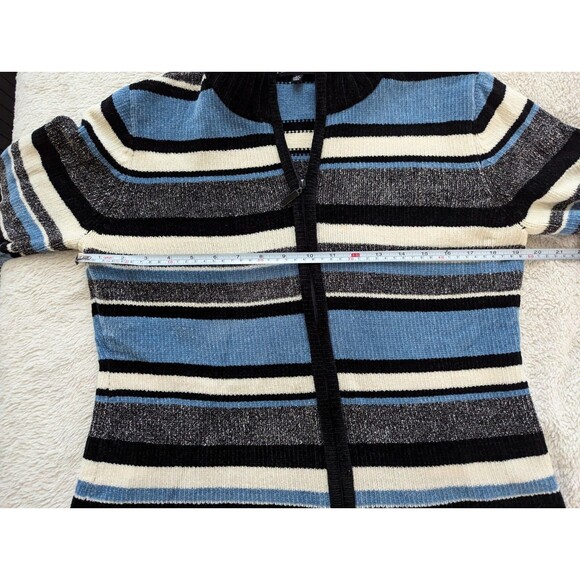 Carolyn Taylor Size Small Baby Blue White And Black Striped Knit Zip Up Sweater - Picture 12 of 12